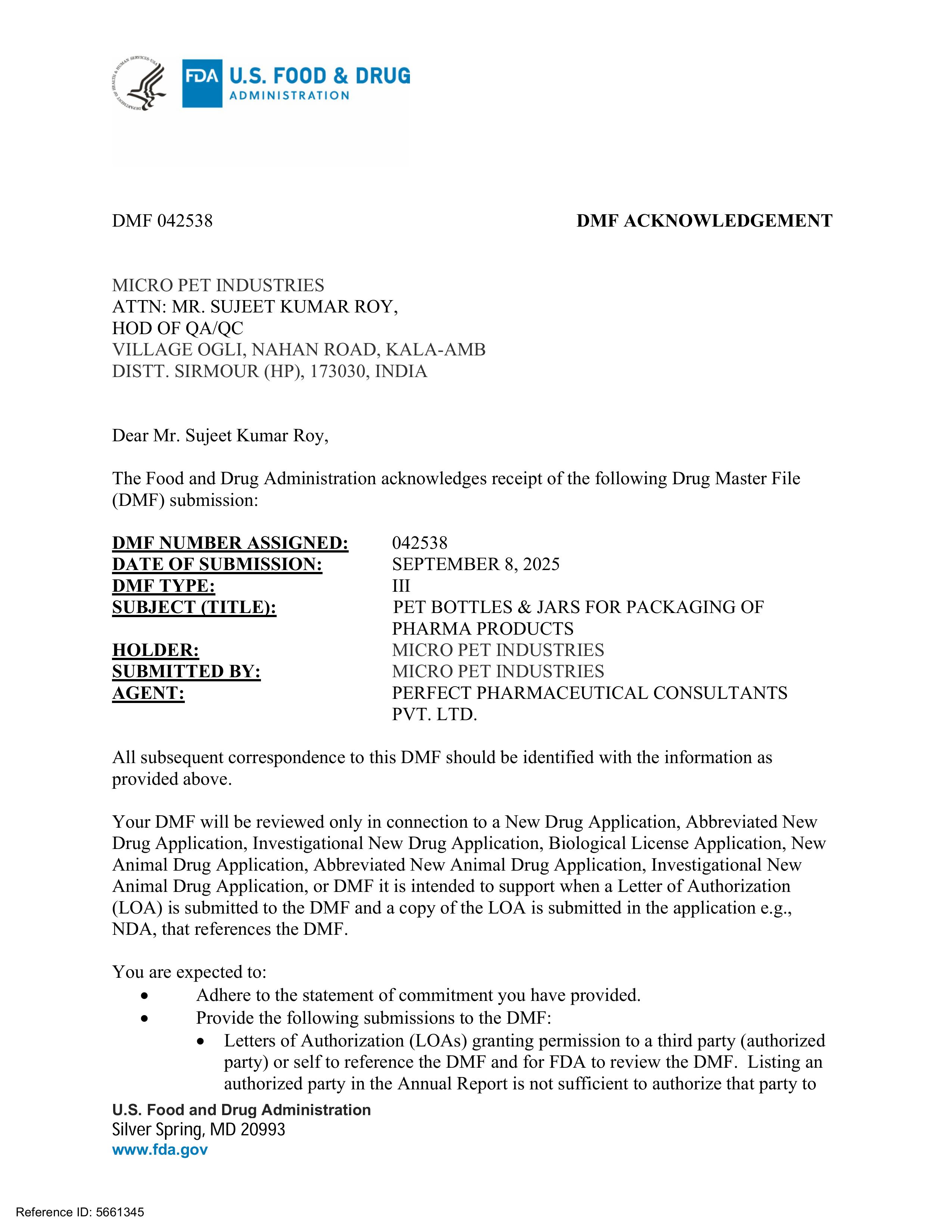 DMF FDA Approved Certificate