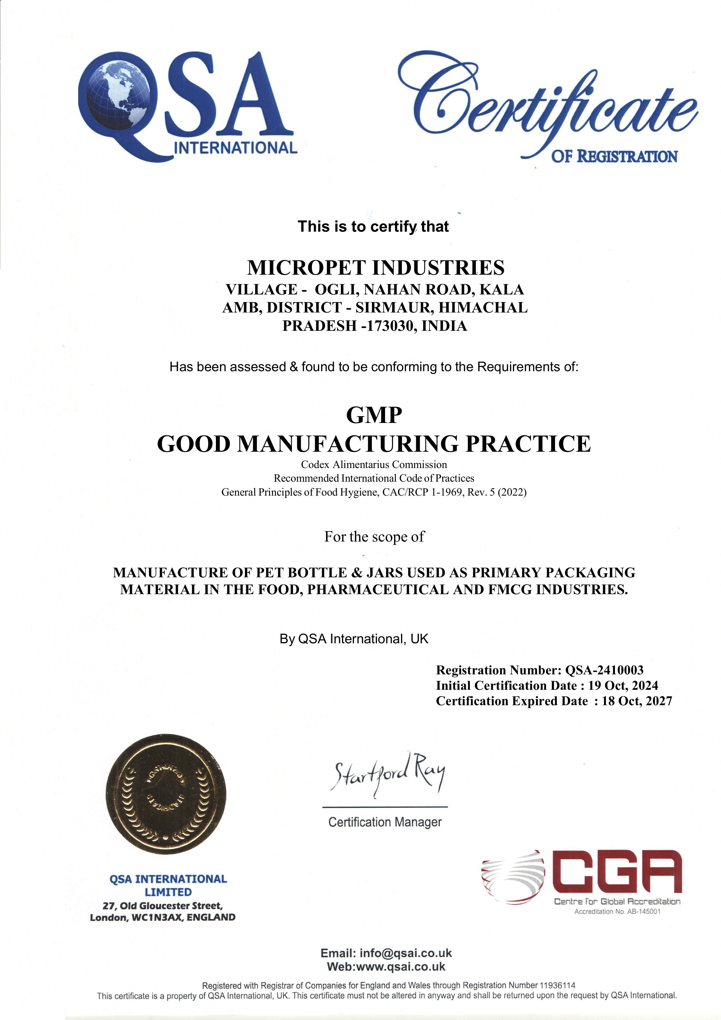 GMP – Good Manufacturing Practice Certificate